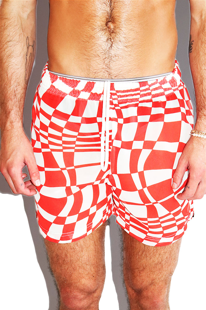 Distorted Grid Athletic Shorts-Red