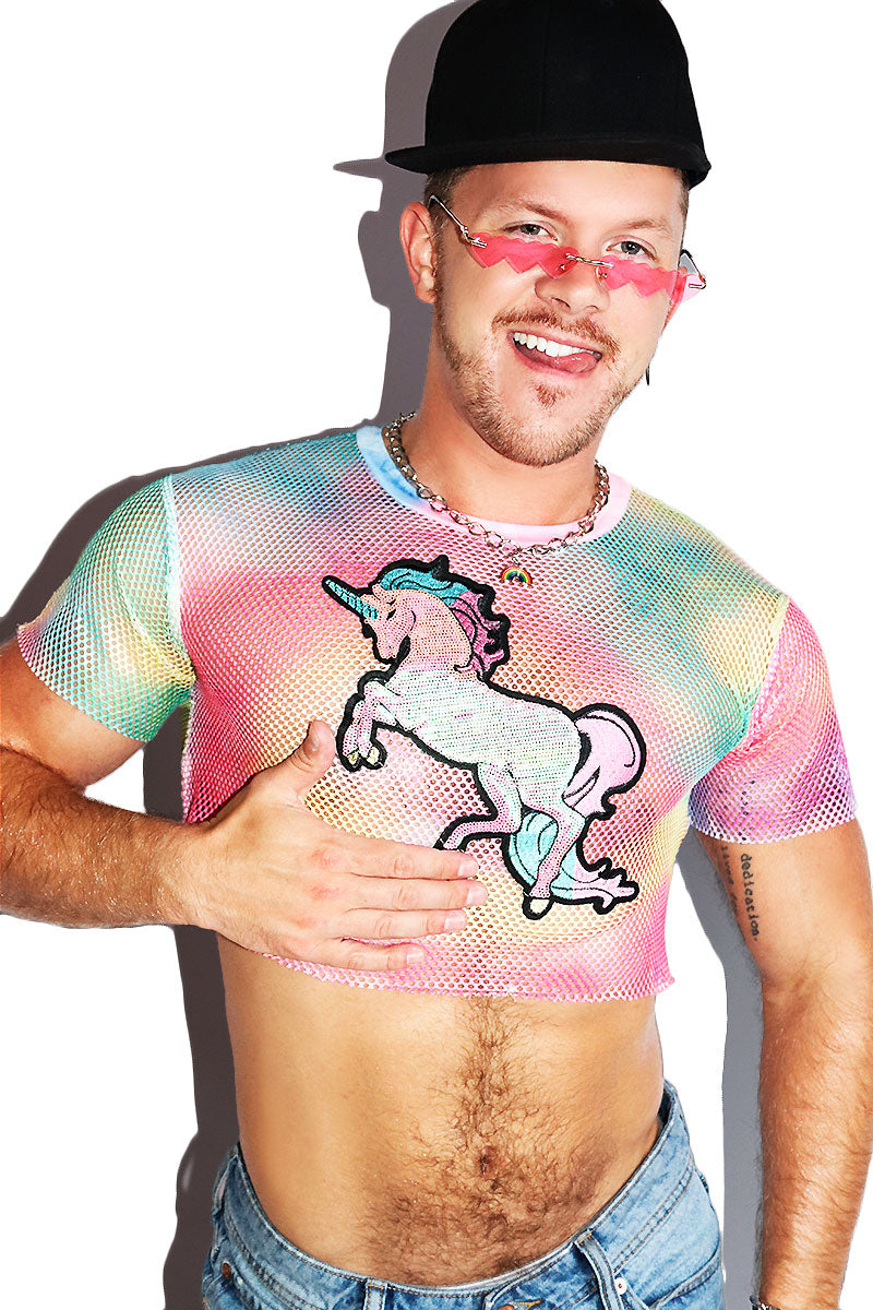 Unicorn Tie Dye Mesh Extreme Crop Tee-Multi