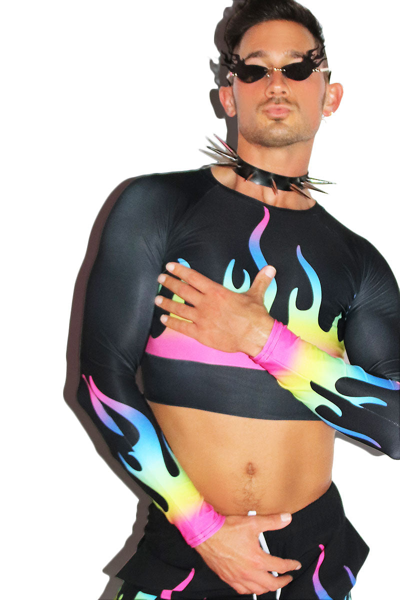 Prism Flames All Over Fitted Long Sleeve Crop Tee- Black