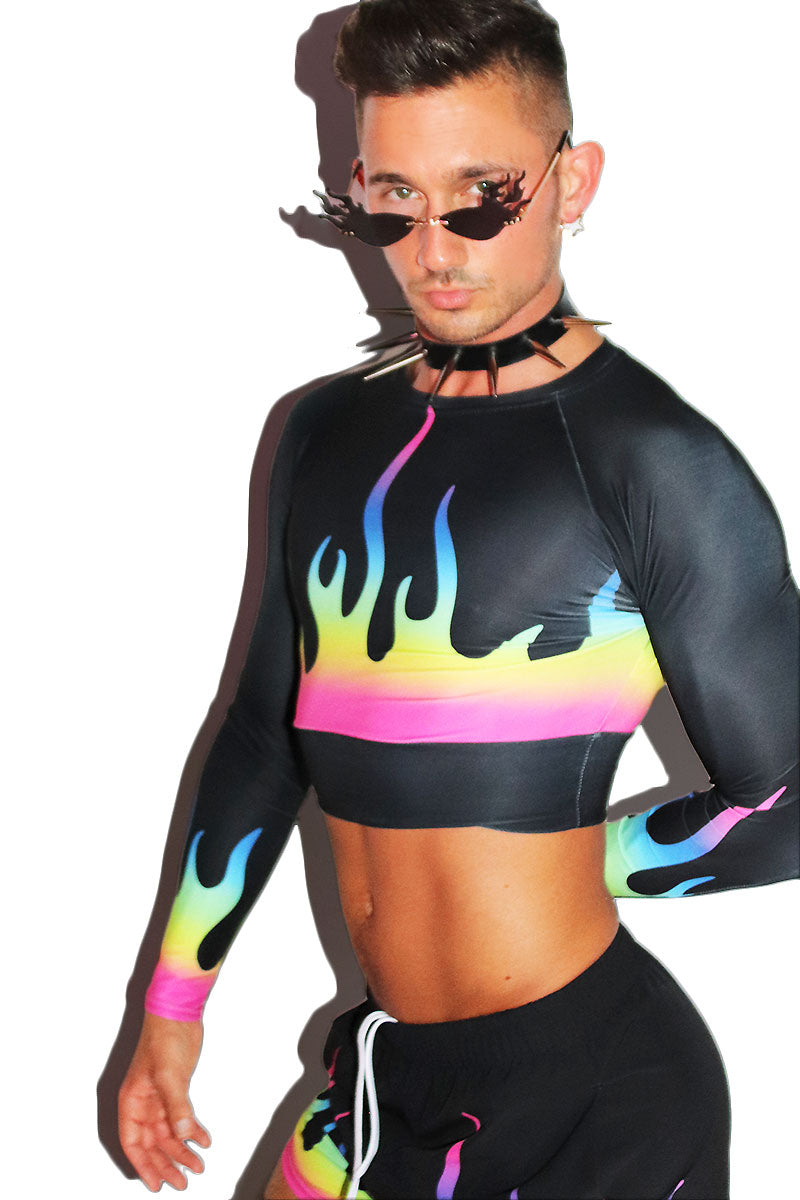 Prism Flames All Over Fitted Long Sleeve Crop Tee- Black