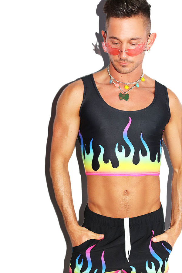 Prism Flames All Over Print Fitted Crop Tank in Black
