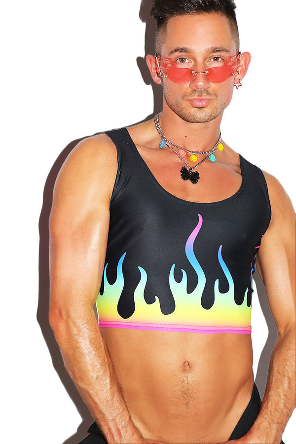 Prism Flames All Over Print Fitted Crop Tank in Black, view 2