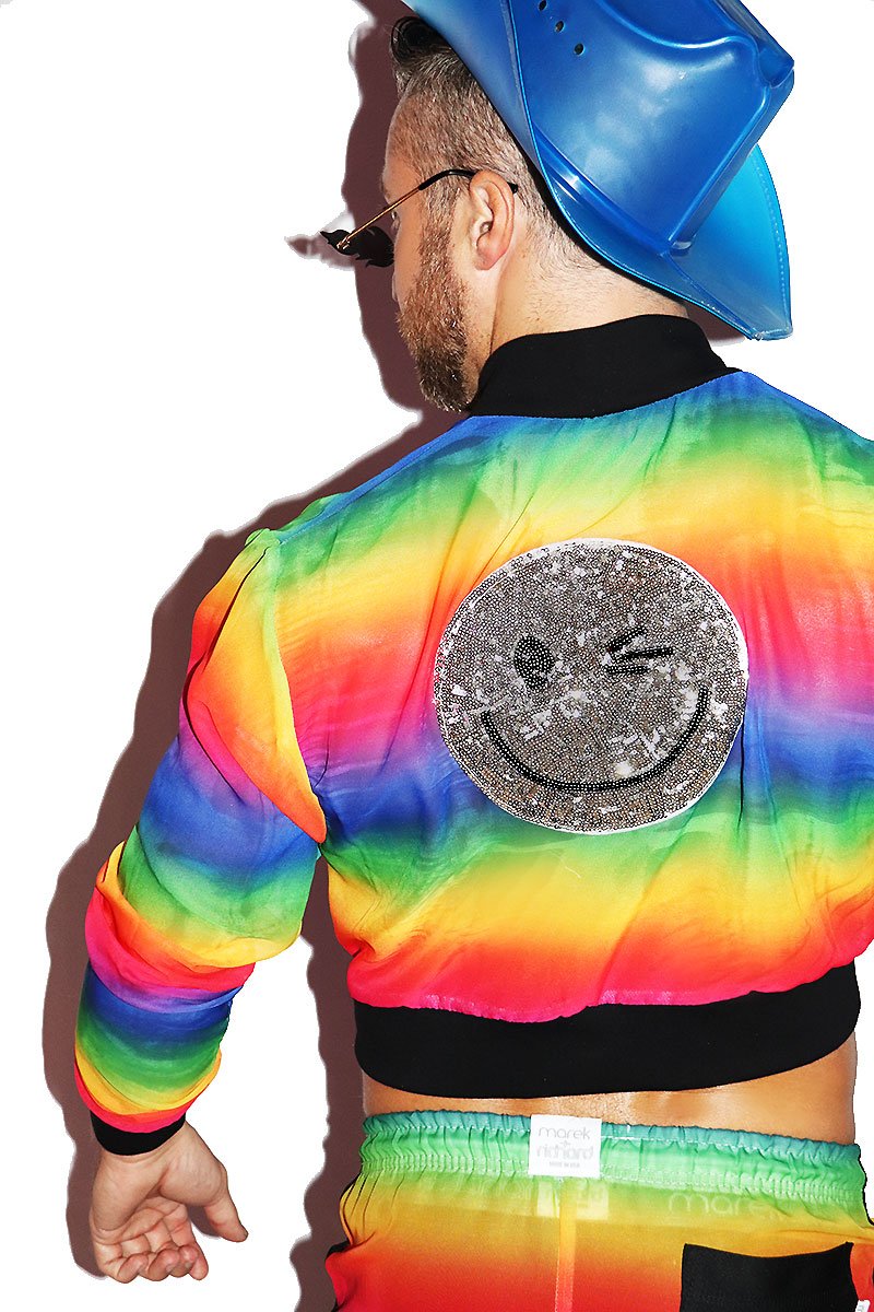 Smile Rainbow Mesh Crop Bomber Jacket- Multi