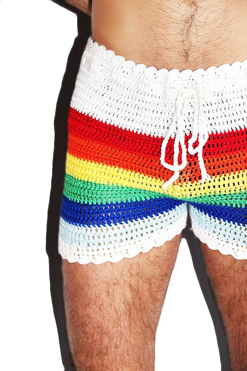 Rainbow Sky Dancer Crochet Shorts- White