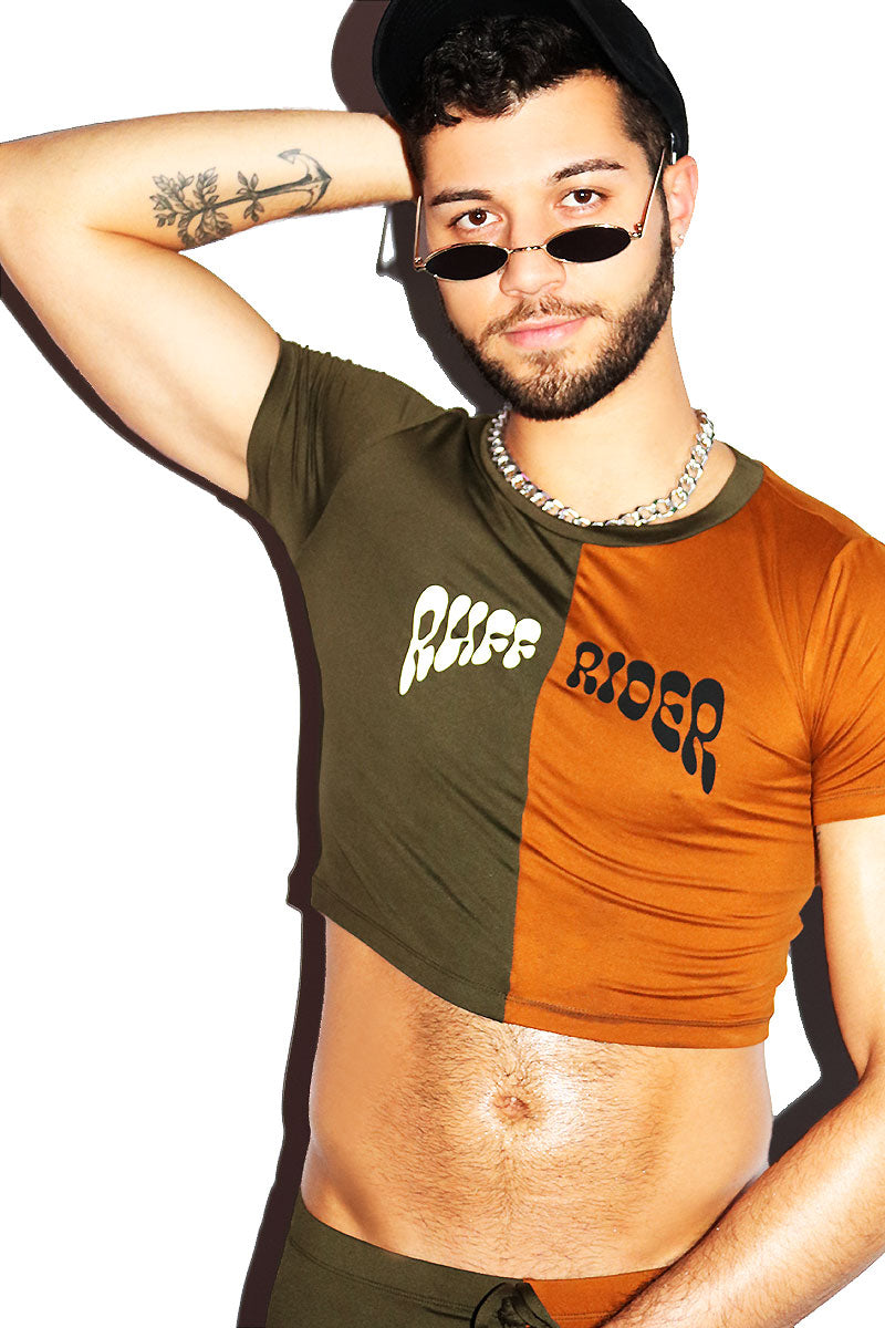 Ruff Rider Split Fitted Extreme Crop Tee- Olive