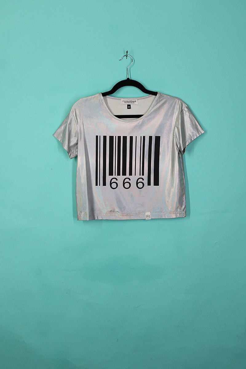 Sample#00385-Mark Of 666 Holographic Fitted Crop Tee- M