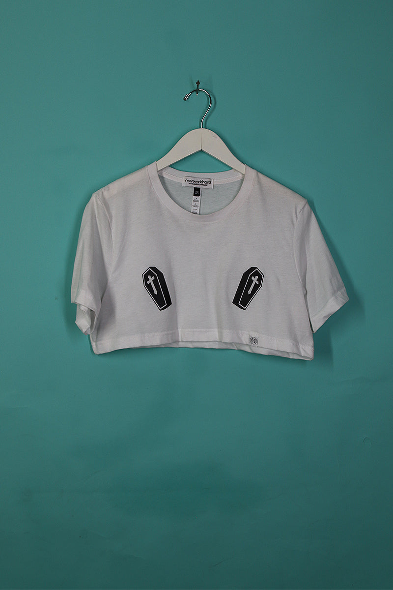 Sample#00458-Coffin Pasties Extreme Crop Tee White- M