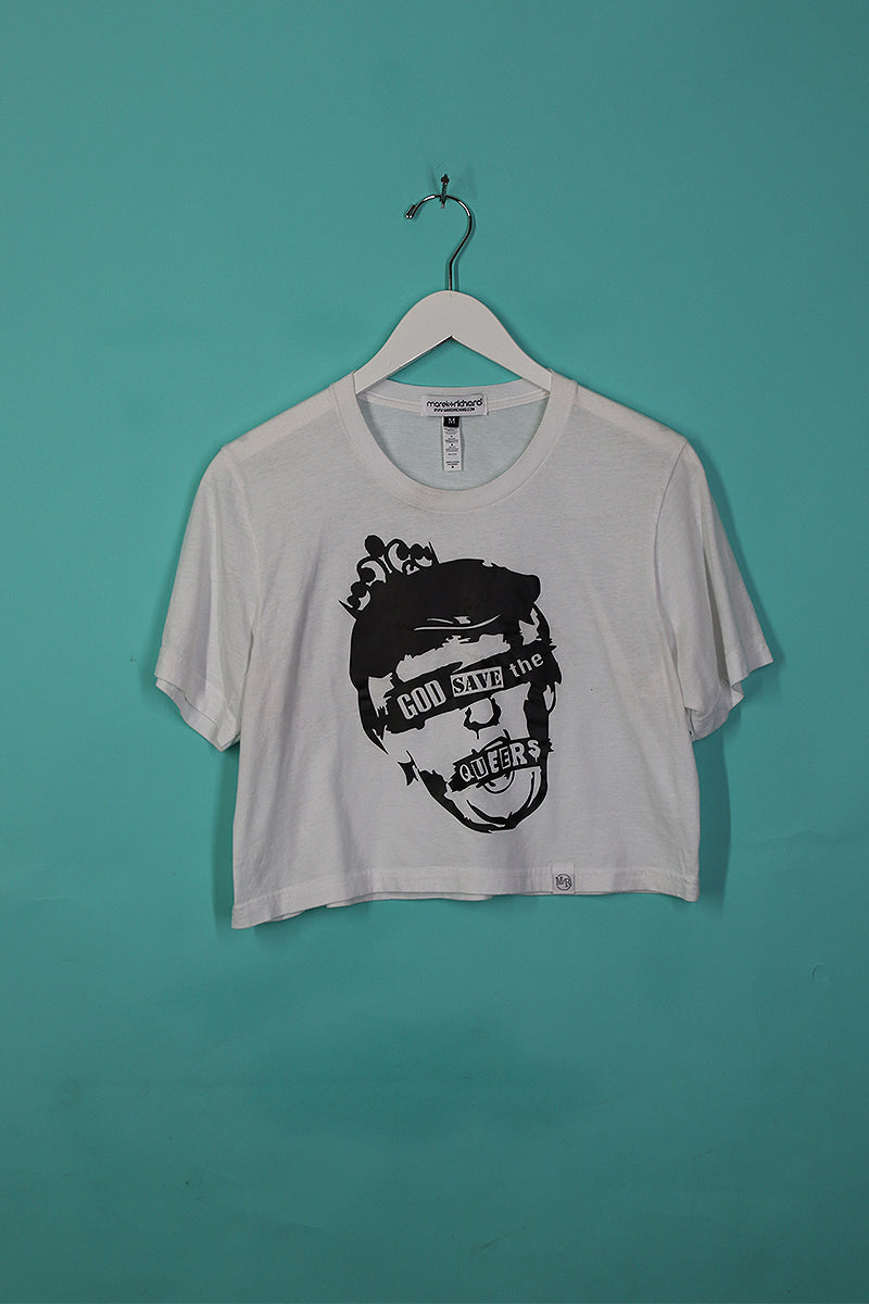 Sample#00504-God Save The Queers Crop Tee White- M
