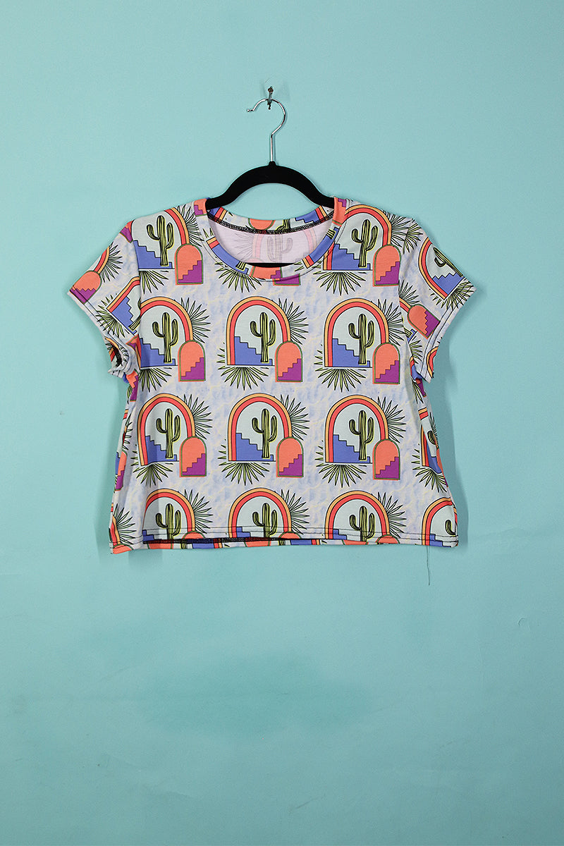 Sample#00549-Cactus All Over Print Fitted Crop Tee- M