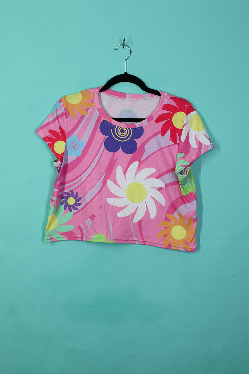 Sample#00584-Flower Power All Over Print Fitted Crop Tee Pink- M