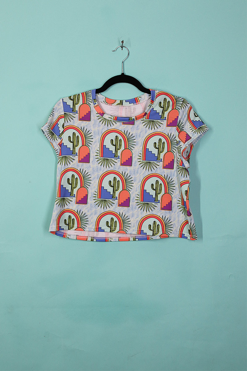 Sample#00600-Cactus All Over Print Fitted Crop Tee- S