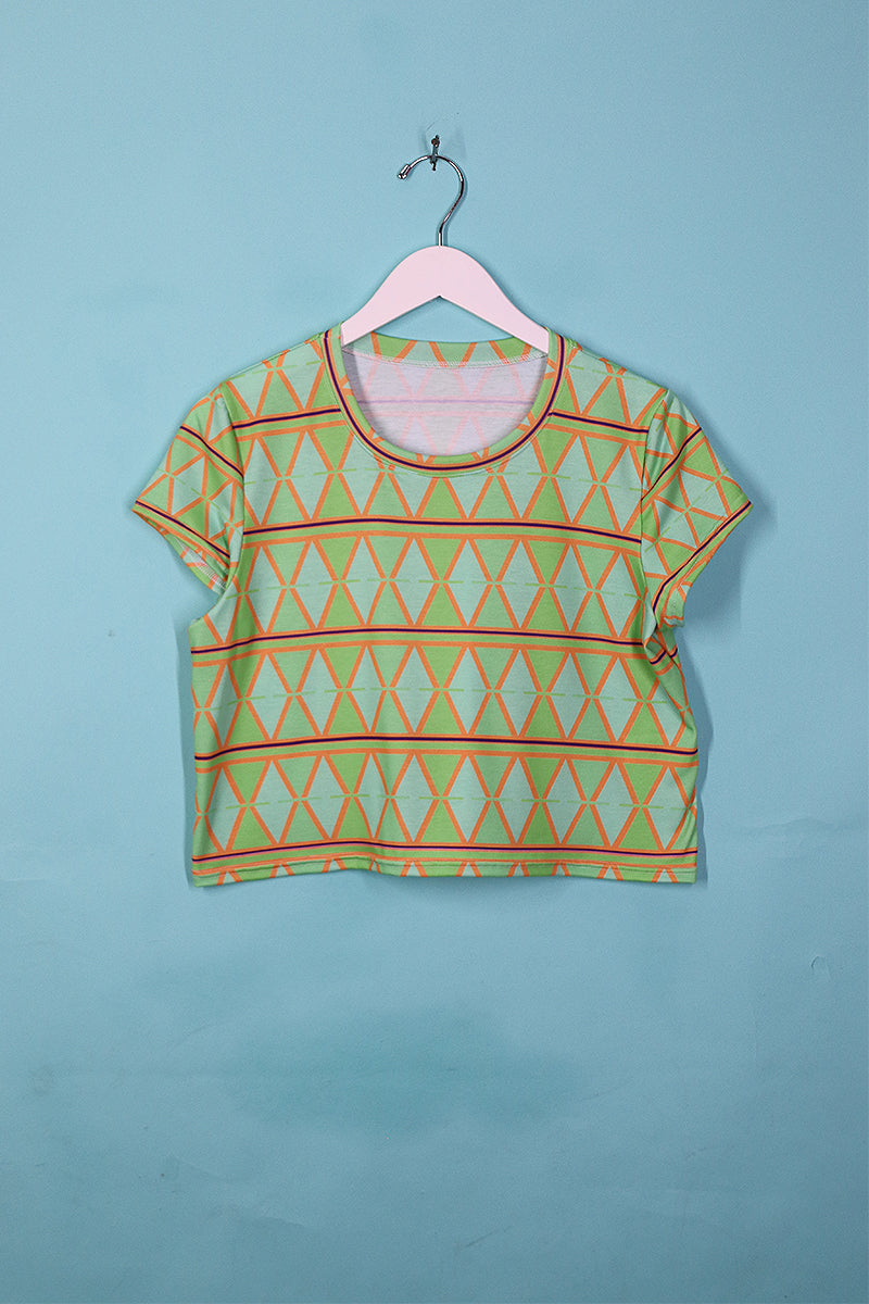 Sample#00601-Diamond All Over Print Fitted Crop Tee Green- M