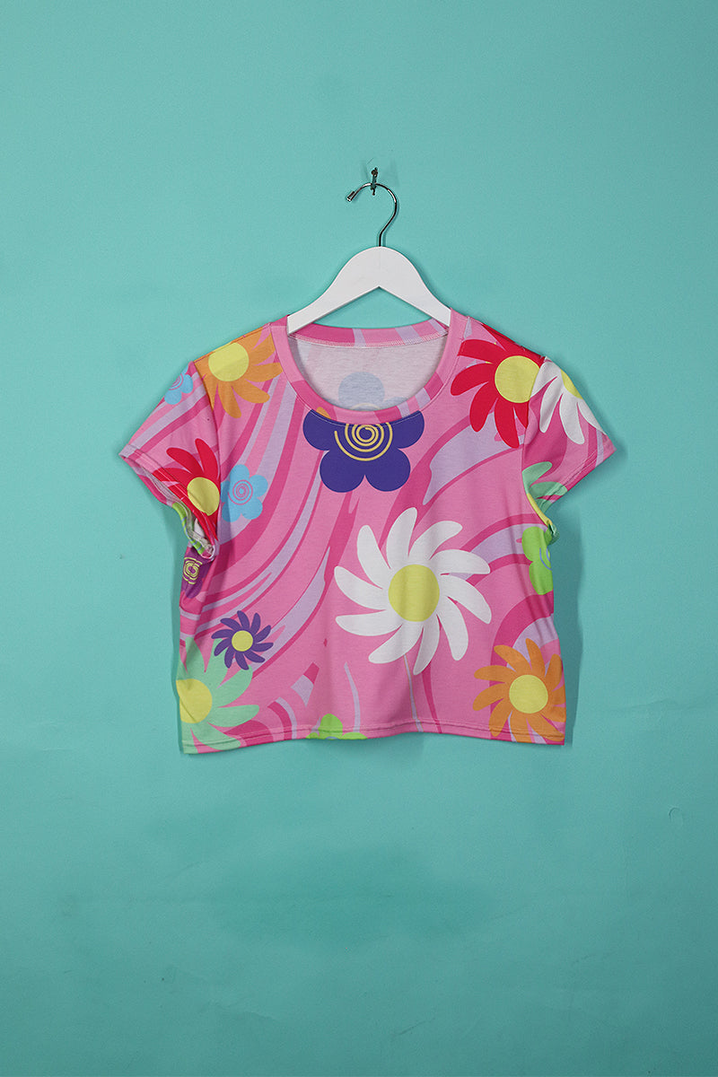Sample#00610-Flower Power All Over Print Fitted Crop Tee Pink- M