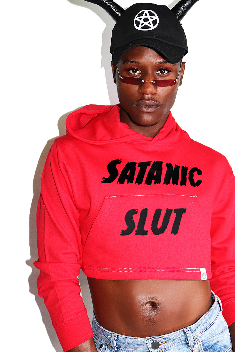 Satanic Slut Long Sleeve Crop Hoodie-Red