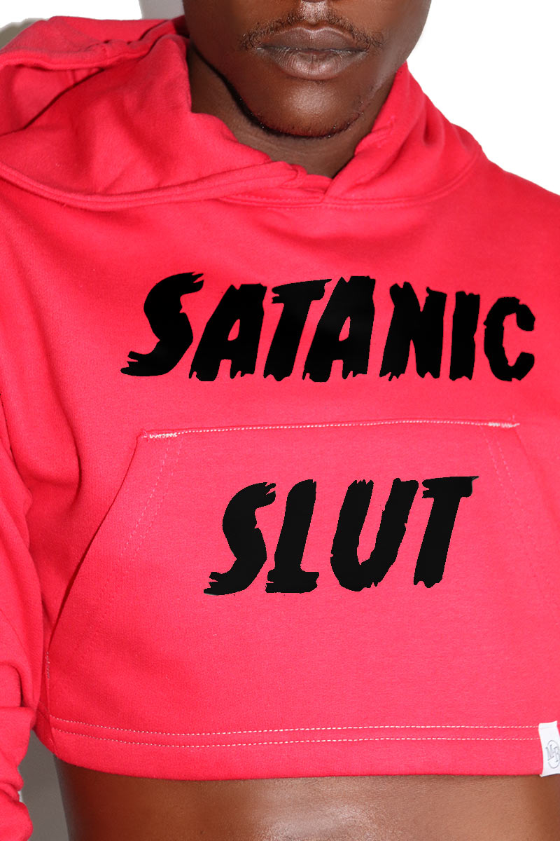 Satanic Slut Long Sleeve Crop Hoodie-Red