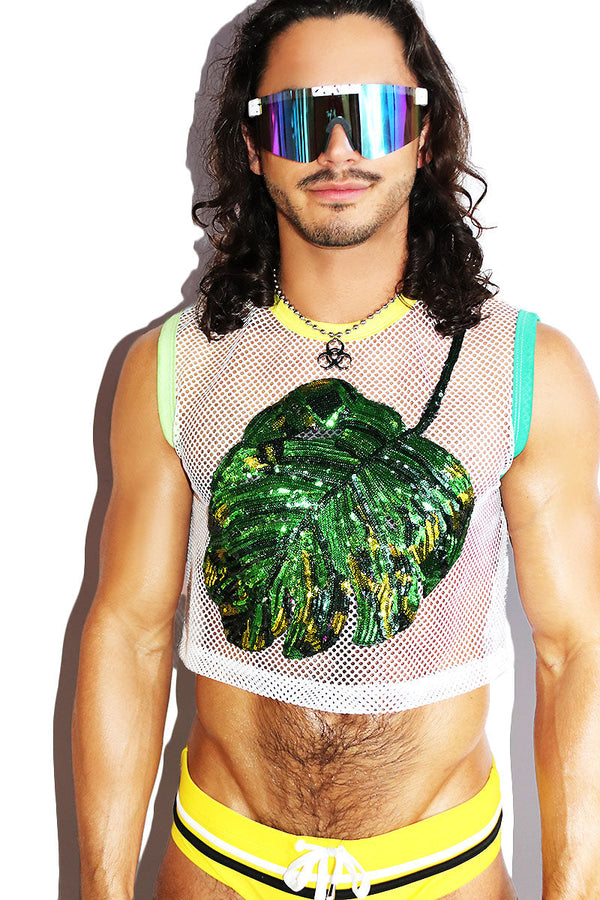 Monstera Leaf Mesh Crop Tank in White, view 2