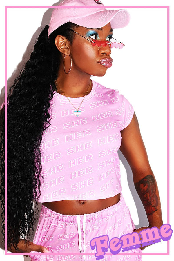 Pronouns She / Her All Over Fitted Tee in Pink