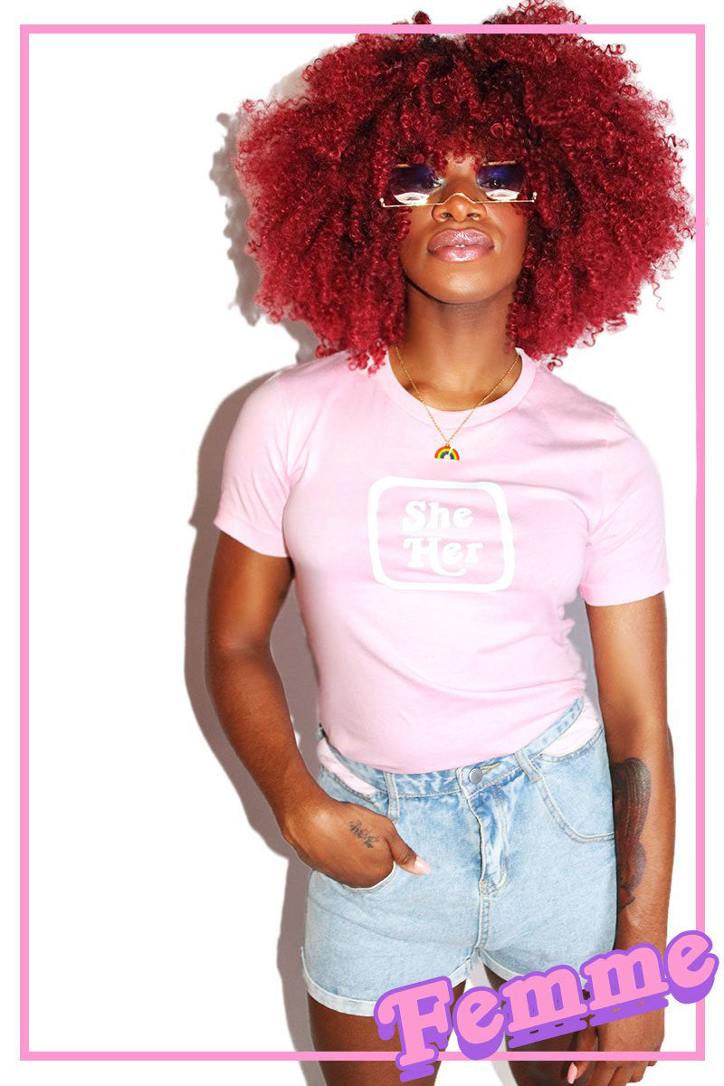 She / Her Pronouns Fitted Tee- Pink