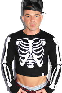Skeleton Bones Long Sleeve Crop Tee-Black