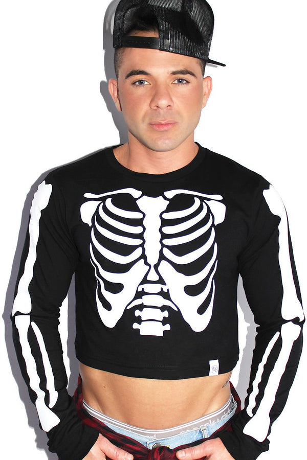 Skeleton Bones Long Sleeve Crop Tee in Black, view 2