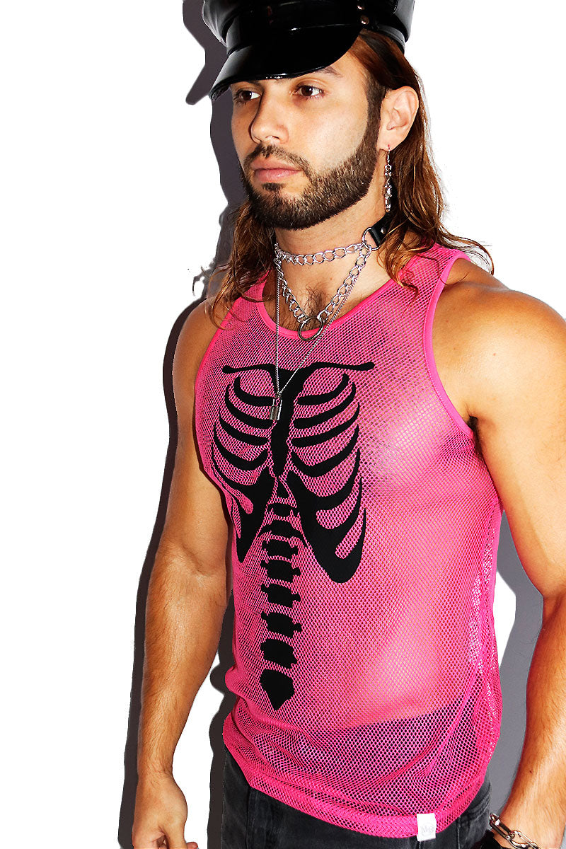 Raver Skeleton Mesh Racerback Tank- Neon Pink