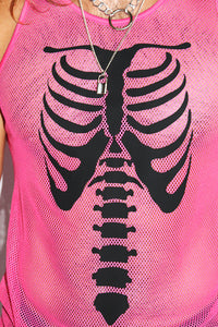 Raver Skeleton Mesh Racerback Tank- Neon Pink
