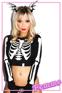 Rib Cage Fitted Long Sleeve Crop Tee-Black
