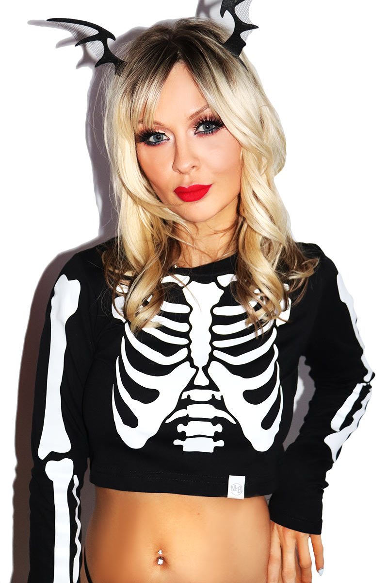 Rib Cage Fitted Long Sleeve Crop Tee-Black