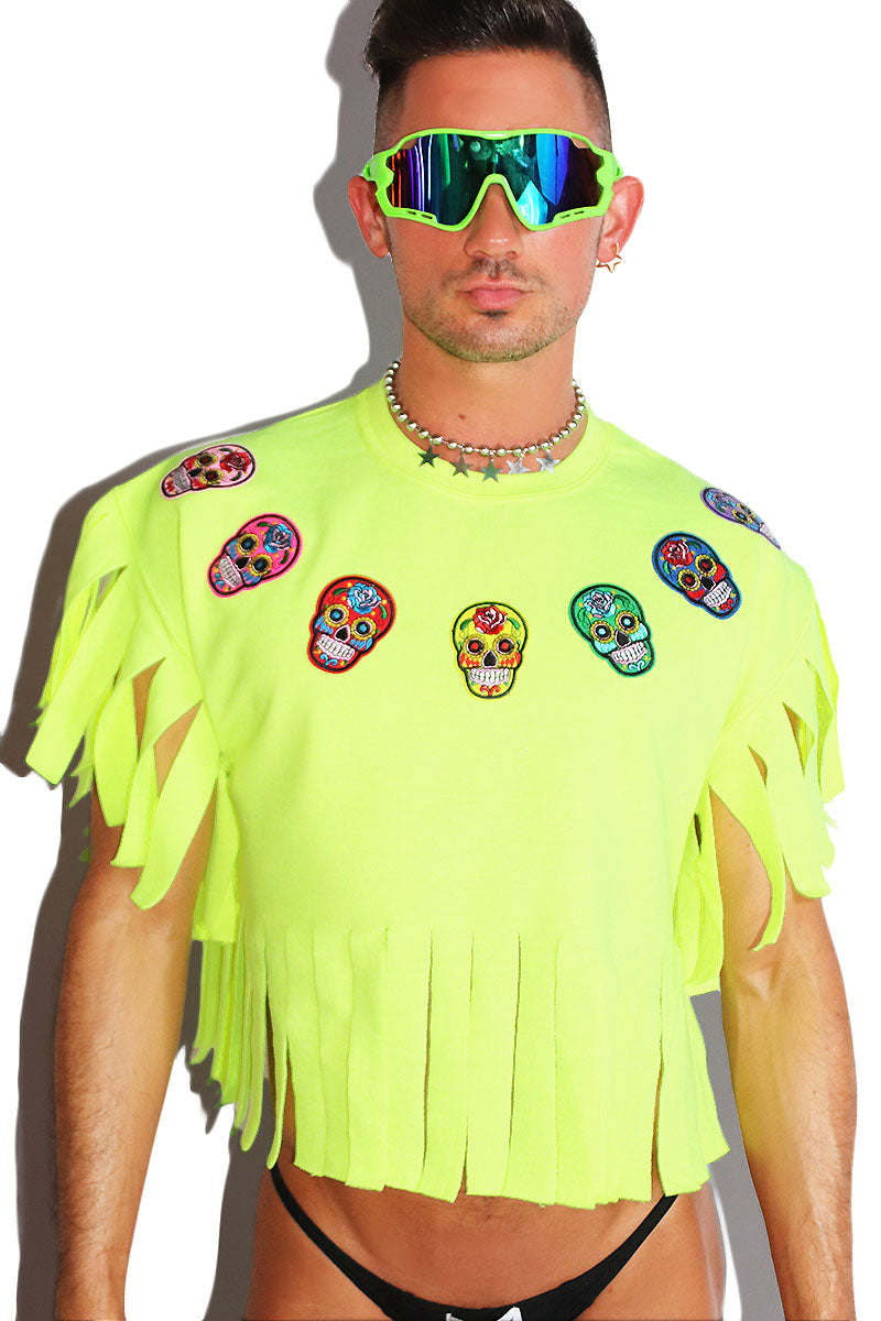 Sugar Skulls Short Sleeve Fringe Crop Sweatshirt- Neon Yellow