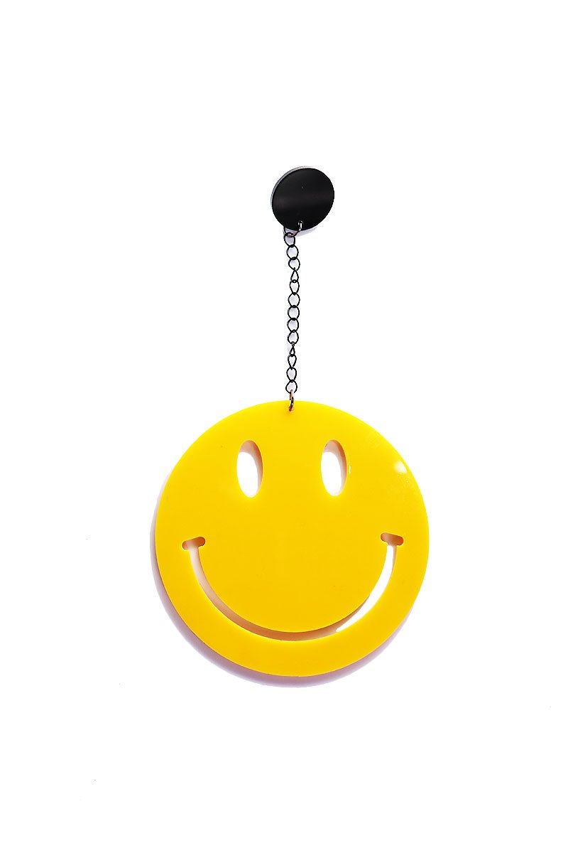 Happy Face Chain Single Earring- Yellow