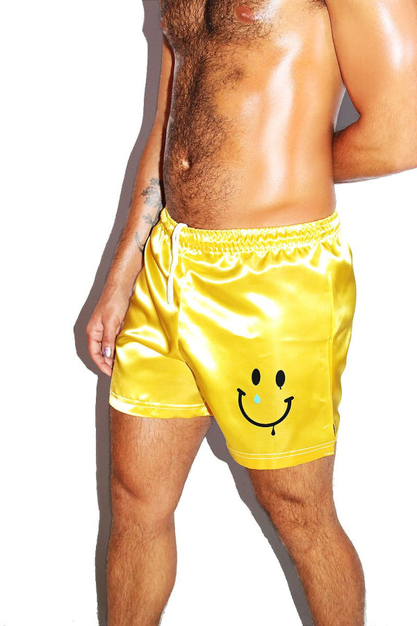 Smiley Satin Athletic Shorts in Yellow
