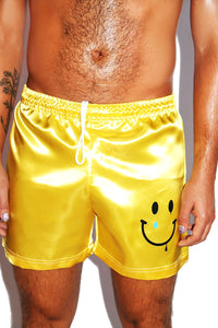 Smiley Satin Athletic Shorts-Yellow