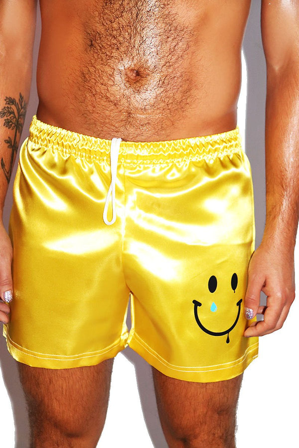 Smiley Satin Athletic Shorts in Yellow, view 2