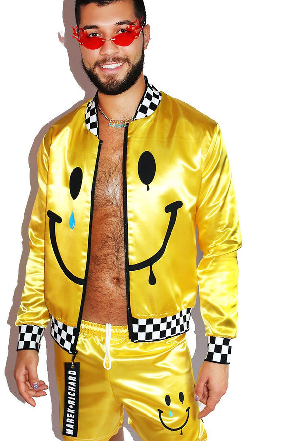 Smiley Satin Bomber Jacket in Yellow