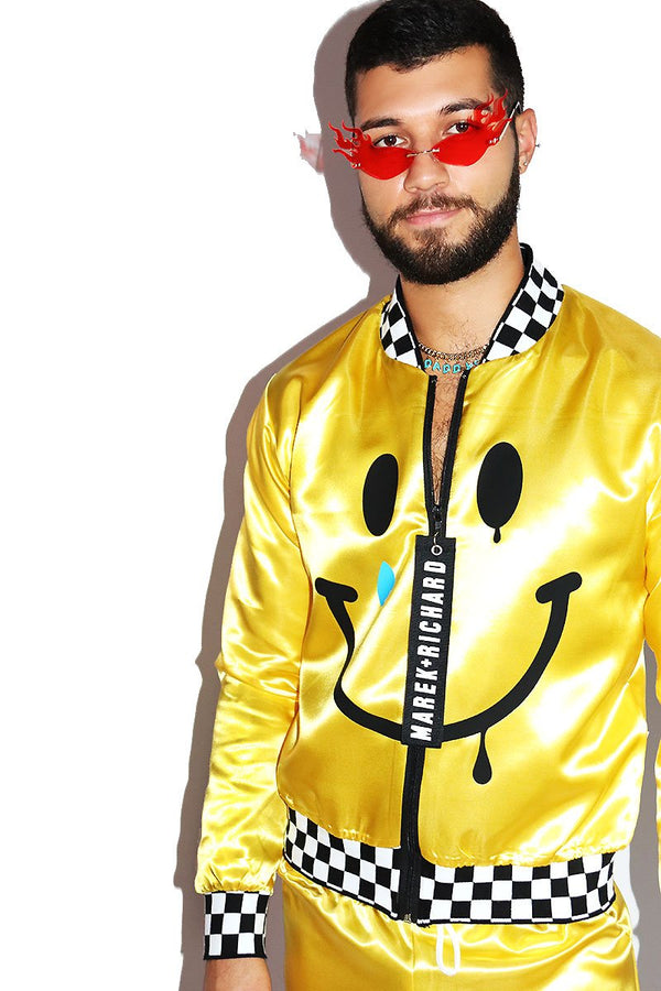 Smiley Satin Bomber Jacket in Yellow, view 2