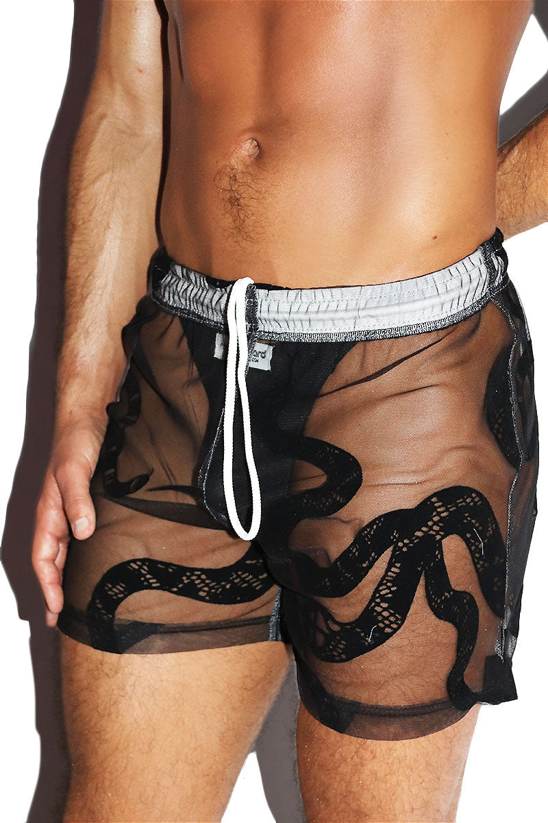 Serpentine Flocked Mesh Athletic Shorts- Black