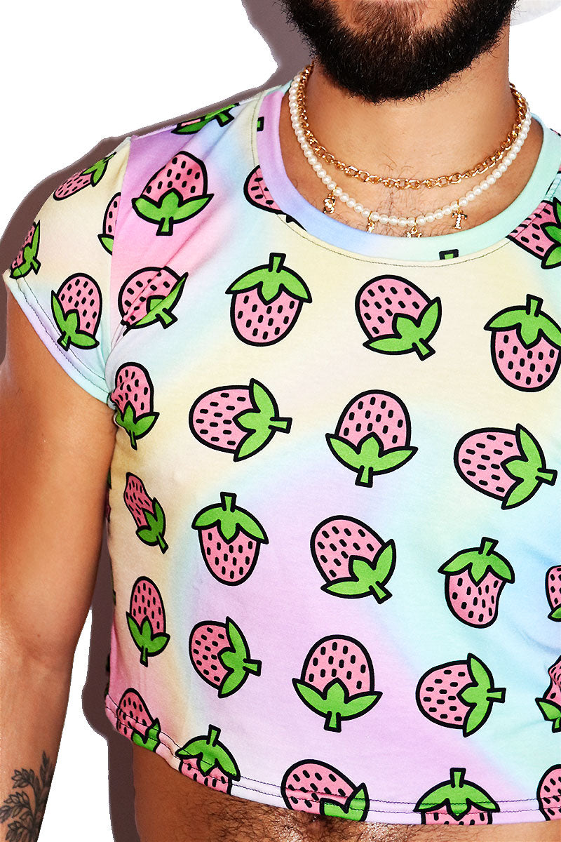 Strawberry All Over Print Fitted Crop Tee- Multi
