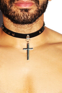 Religious Cross Vegan Leather Choker- Black