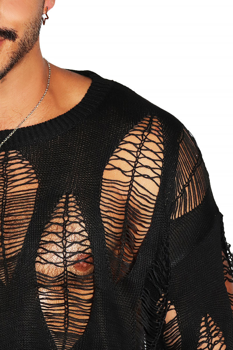 Light As a Feather Destroyed Crop Sweater- Black