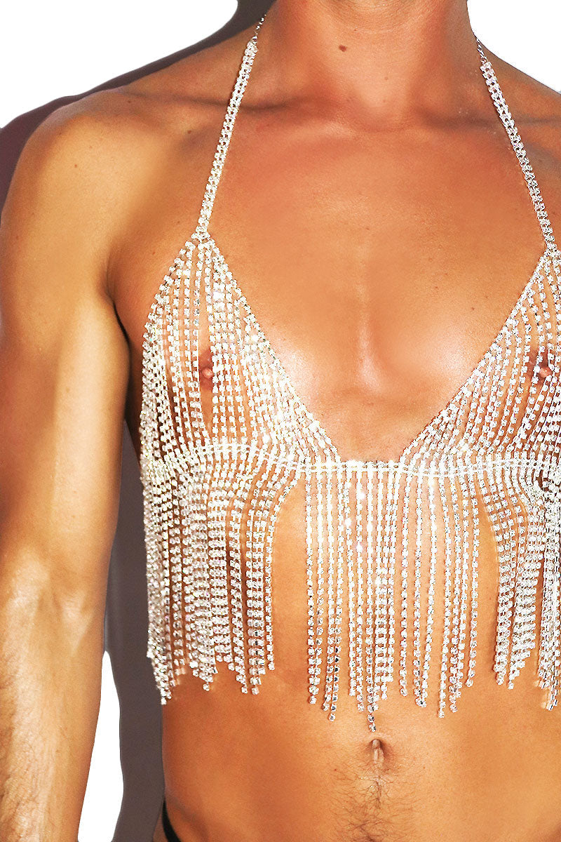 Flare Rhinestone Crop Halter Harness- Silver