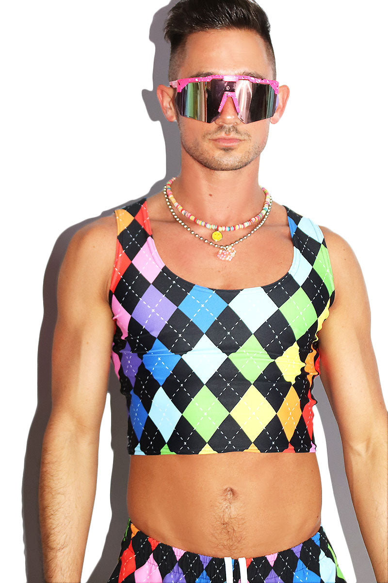 Arygle Rainbow All Over Print Fitted Crop Tank- Multi