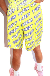 Pronouns They / Them All Over Gym Shorts- Yellow