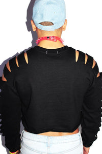 Checkerboard Crop Slash Long Sleeve Sweatshirt-Black