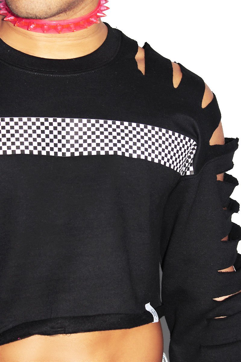 Checkerboard Crop Slash Long Sleeve Sweatshirt-Black