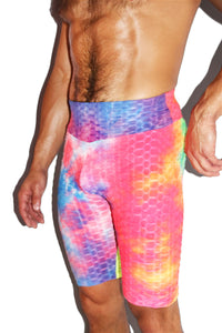 Rainbow Tye Dye Waffle Long Biker Shorts-Multi