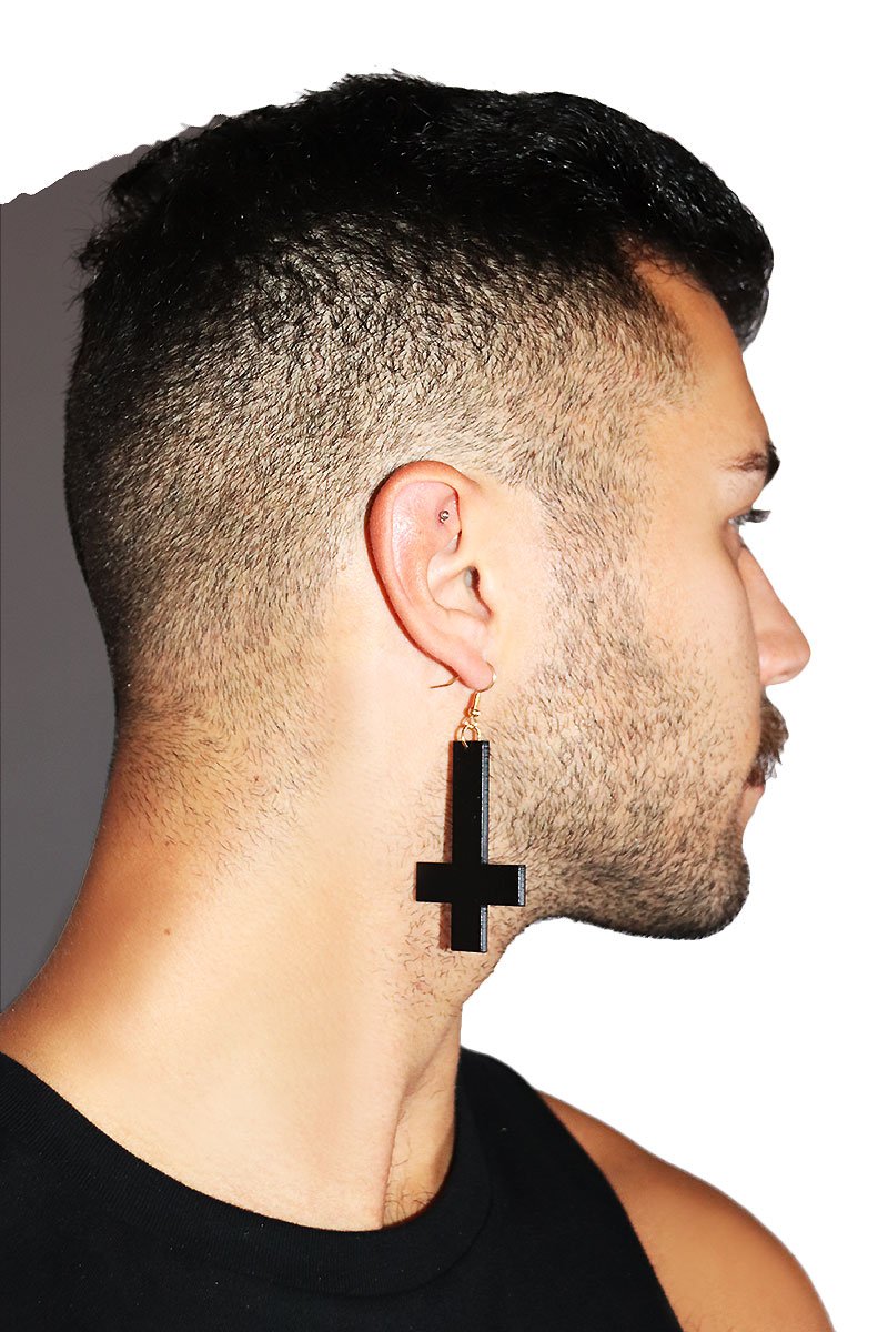 Upside Down Cross Acrylic Single Earring- Black