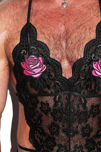 Naughty Nighty Roses Lace Thong Bodysuit- Black