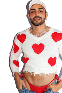 Destroyed Heart Crop Sleeve Sweater- White
