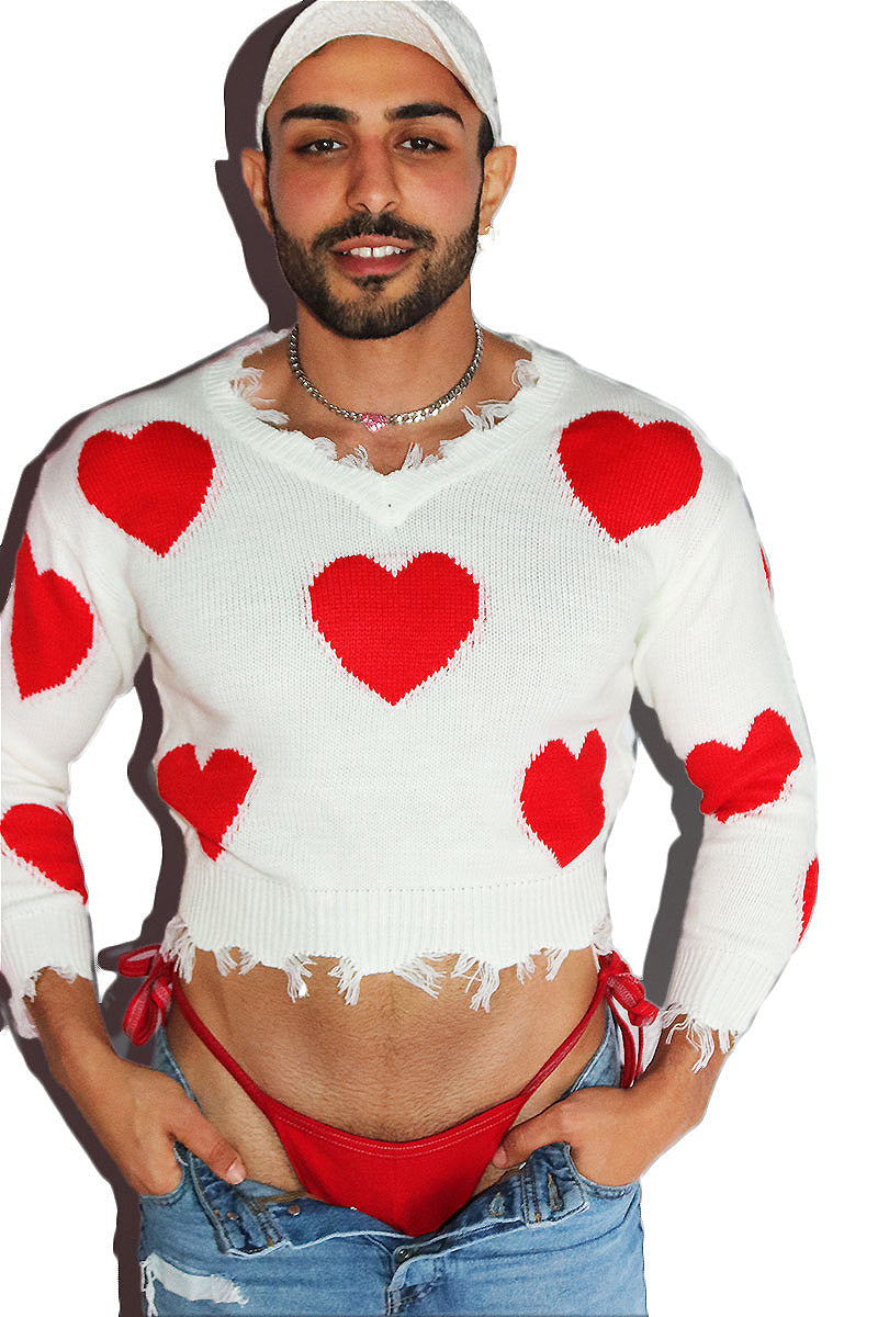 Destroyed Heart Crop Sleeve Sweater- White