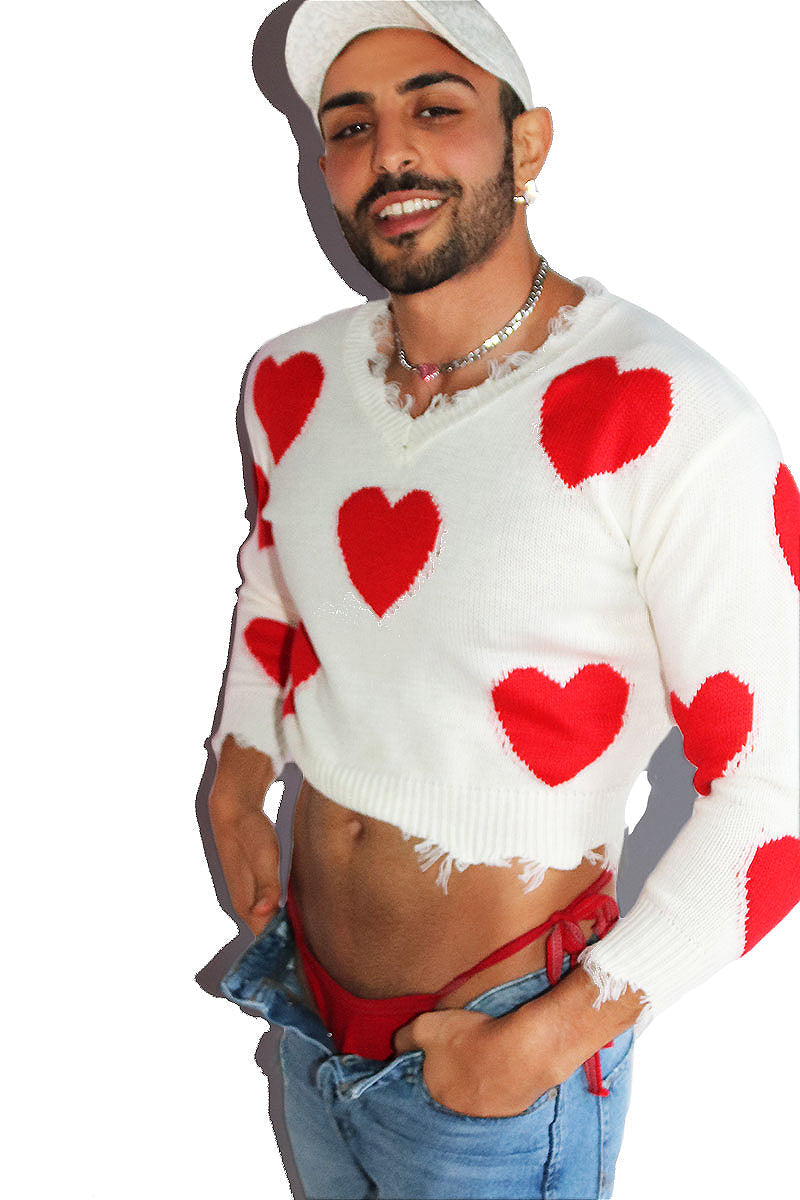 Destroyed Heart Crop Sleeve Sweater- White